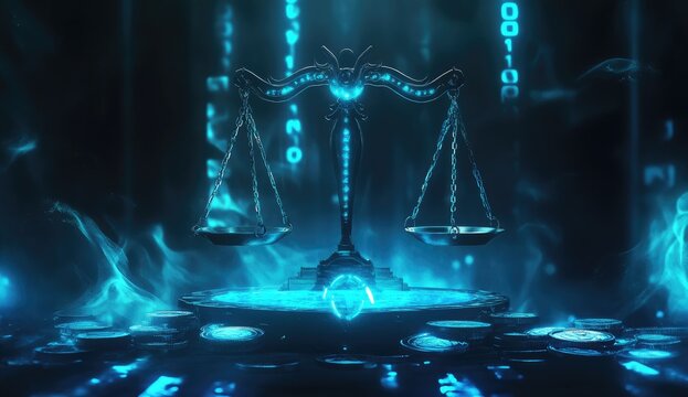 Digital scales of justice, glowing blue. Binary code, abstract