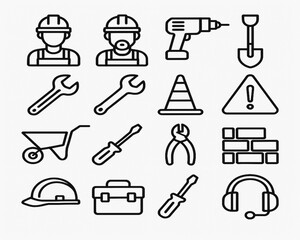 Minimal Construction Worker and Tools Icon Set – Black Line Style