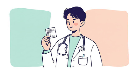 Graphical illustration of a friendly physician holding a medical record. Modern flat line art for healthcare concepts.
