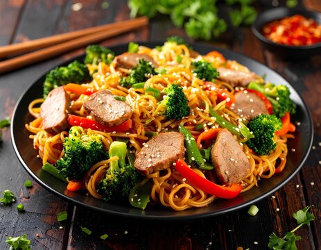 Pancit bihun noodles with vegetables and sliced meat on black plate