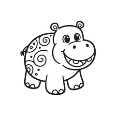 A black and white line art illustration of a cheerful hippopotamus with a wide mouth and a playful smile, depicted in a charming and accessible style perfect for children. 