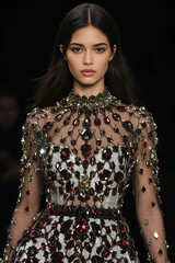 Glamorous Runway Model in Luxury Bejeweled Gown – High Fashion Elegance