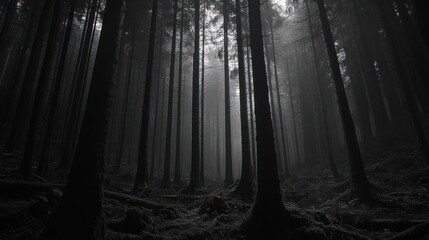 Foggy forest path with tall trees.