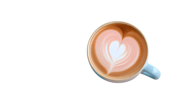 Heart Latte Art in Mug on Pastel Pink and Blue Background isolated on transparent white background --ar 16:9 --raw