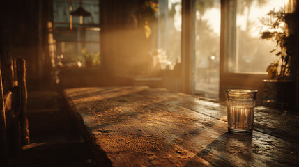 Glass of Water on Rustic Wooden Table in Warm Morning Sunlight
