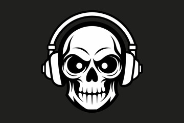 Fototapeta premium Stylized white skull wearing headphones on a dark gray background