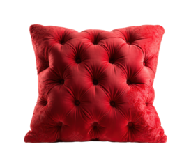 Elegant red tufted pillow displayed in a cozy living room home comfortable environment isolated on transparent background, png