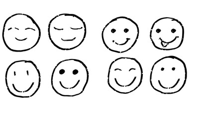 Drawing of smiling faces, a set of icons. Vector illustration. A hand-drawn sketch of a smiling face is isolated on a white background. The concept of happy emotions.