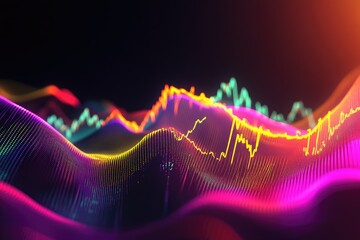 Abstract data visualization. Colorful, wavy lines representing market trends. Dark background. Neon-like hues. Dynamic, technological feel
