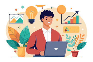 A man is working on a laptop with ideas and charts isolated on white background