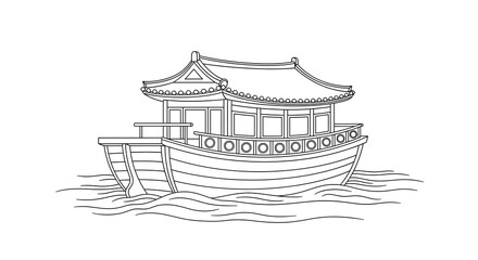 Elegant Line Art: Traditional Asian Houseboat on Calm Water, Serene and Peaceful Illustration.