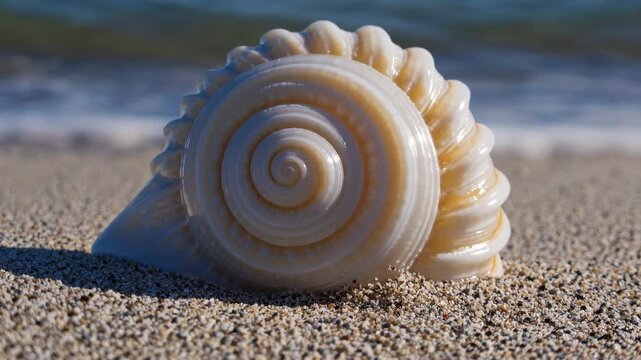 Close-up of a seashell on sandy beach, captured at eye level. The spiral pattern is detailed, ideal for a nature-themed video backdrop.