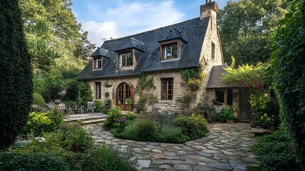 Charming stone cottage with lush garden and stone path in countryside