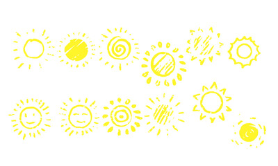 Yellow sun, hand drawn, doodle style icons. Vector illustration. Simple graphic symbols of sunrise, sunset and summer heat isolated on white background. Yellow sun.