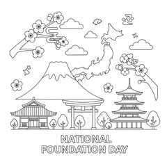 Line art illustration: Japan National Foundation Day; minimalist Mount Fuji, cherry blossoms, temples, and map.