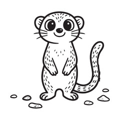  A black and white line art illustration of a cheerful meerkat standing on its hind legs with large, expressive eyes and a slightly tilted head, conveying a sense of curiosity. 