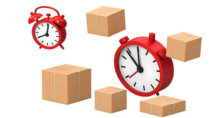 Time-Sensitive Delivery: A visual representation of swift package transportation, with alarm clocks and boxes harmoniously combined to showcase urgency and efficient delivery.
