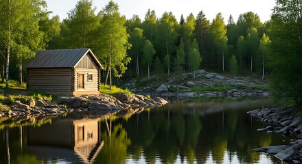 Obraz premium Serene Scandinavian landscape featuring a traditional wooden cabin on a rocky shore, reflecting in the tranquil lake water of a sunlit forest.