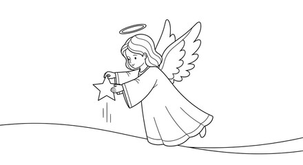 Adorable Line Art Angel with Halo Gently Releases a Star;  Serene Christmas Illustration.