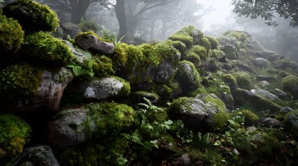 Fototapeta premium Enhance Natural Interiors With a Mossy Green Rock Wall Featuring Damp Lichen-Covered Surfaces And Charm