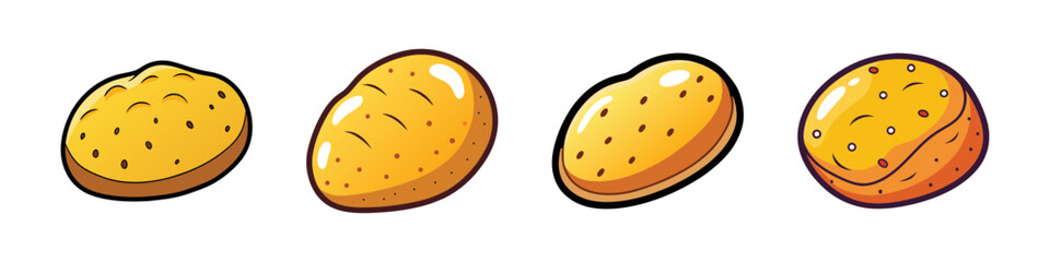Fototapeta premium Cartoon Potato Icon Set-Set of four cartoon-style potato illustrations, depicting whole potatoes in a simple and colorful design.