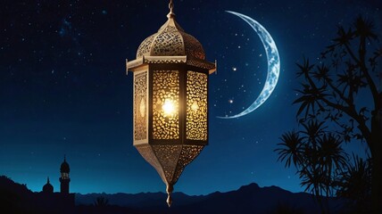 Islamic Lantern with Crescent Moon at Dusk – Muharram & Islamic New Year