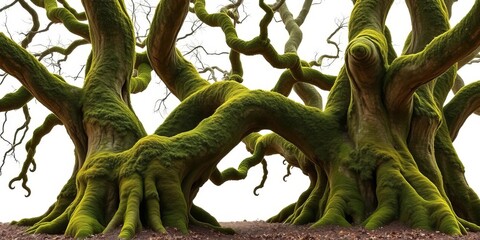 Ancient moss-draped tree trunks, isolated on white,  forest,  flora