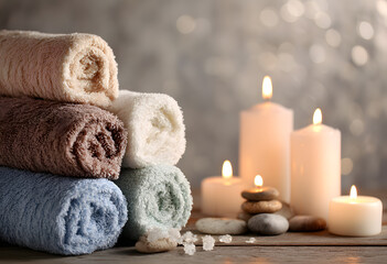 Relaxing spa scene with rolled towels, candles, and soothing decor in a tranquil setting