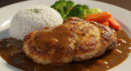 Close up shot of chicken chop served with rice
