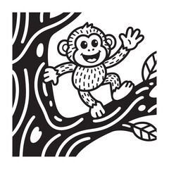 A black and white line art illustration of a cheerful monkey joyfully climbing a stylized tree branch and waving with a playful grin. 