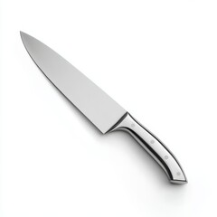 Fototapeta premium A sharp stainless steel knife on a plain surface, isolated. The chef knife is the core for culinary skill, the image is clean and simple, showing off the tool