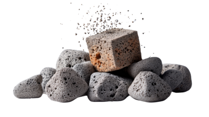 Volcanic Stone Formation: A close-up shot reveals a collection of rough-hewn volcanic stones, one distinctly cuboid, showcasing the raw, primal essence of natural geological elements. 