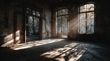 Sunbeams illuminate a decaying room's dust-covered floor, highlighting its aged walls and open doorway