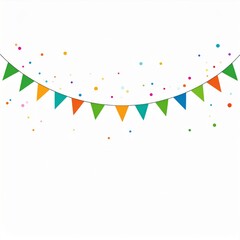 Colorful Triangular Bunting Garland with Scattered Confetti on a White Background for Celebrations