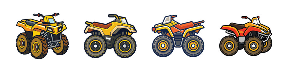 Obraz premium All-Terrain Vehicles (ATVs) Icons-Set of four colorful cartoon-style all-terrain vehicles (ATVs) or quad bikes, designed as vector illustrations representing off-road recreational and adventure vehic