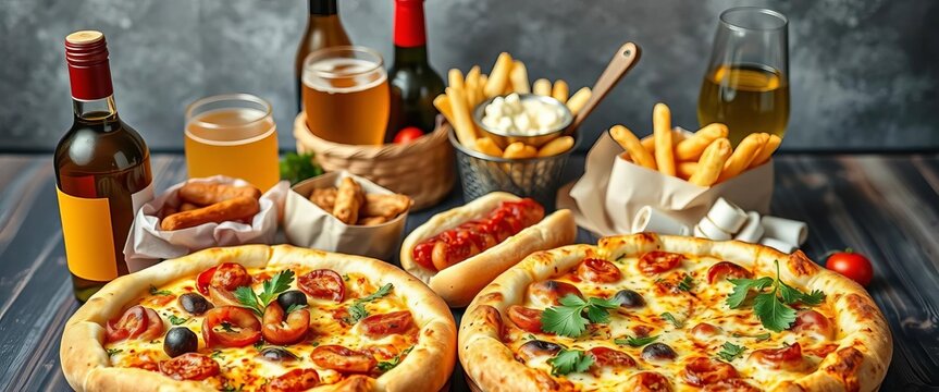 Artisan pizzas, gourmet hot dogs, wine bottles, beer glasses, assorted snacks, celebration, culinary - Powered by Adobe
