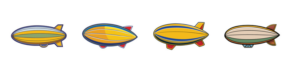 Fototapeta premium Colorful Airship and Blimp Icon Set Illustration-Vector illustration of four colorful blimps and airships in cartoon style, representing aviation, transport, and retro flight concepts.