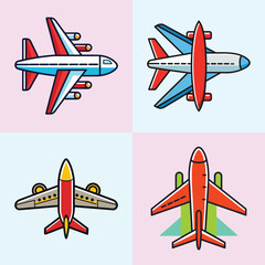 Colorful Airplane Vector Icons Collection-Set of four colorful airplane icons in cartoon vector style, representing aviation, travel, flight, and air transportation concepts.