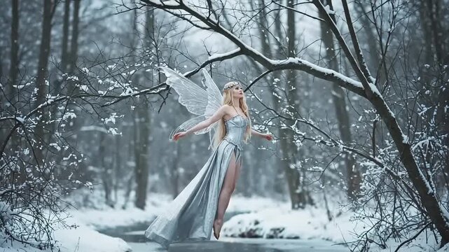 Winter fairy by icy stream