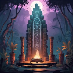 A mysterious jungle shrine featuring a glowing ancient monolith with sacred symbols and a ritual bonfire under a moonlit sky.