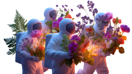 Floral Explorers: A group of spacemen in pristine suits, navigate space while carrying bouquets of vibrant flowers. A surreal blend of the cosmos and earth.