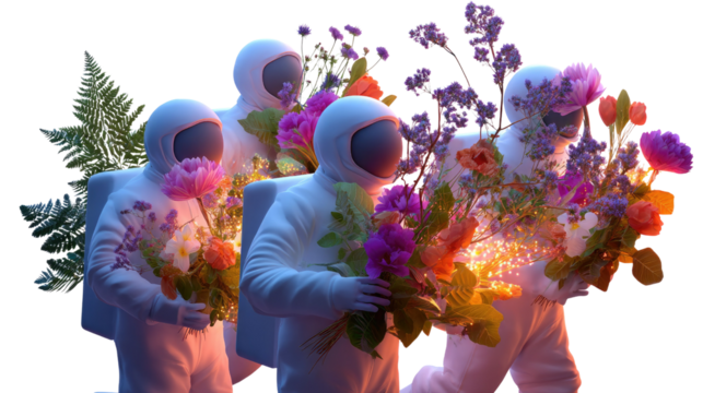 Floral Explorers: A group of spacemen in pristine suits, navigate space while carrying bouquets of vibrant flowers. A surreal blend of the cosmos and earth.