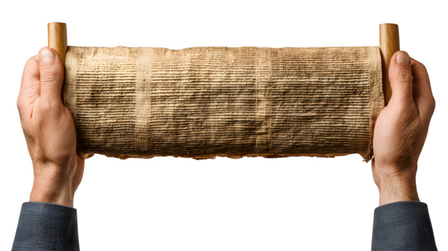 Hands Holding Ancient Papyrus Scroll, Close Up isolated on transparent white background --ar 16:9 --raw