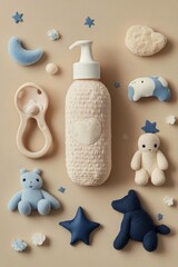 Baby Bath Product Flatlay Cream Bottle, Plush Toys, Pastel Background, Baby Shower, Nursery Decor Baby products, baby shower gifts