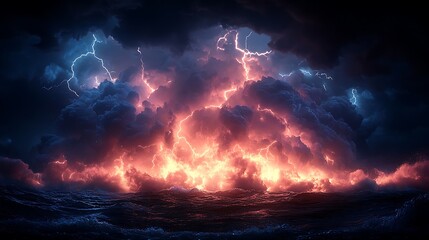 Fototapeta premium Dramatic storm clouds unleashing lightning over a turbulent sea.