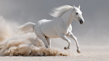 White Horse Galloping Through Sandy Desert Raising Dust