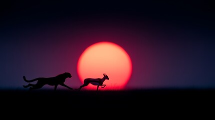 Silhouette of a cheetah pursuing an antelope against a vibrant, red sunset backdrop, capturing the thrill of the chase.