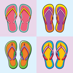 Colorful summer flip flops pop art illustration-Bright and playful illustration of colorful flip flops arranged in a pop art style, symbolizing summer, vacation, and beach fun.