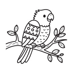  A black and white line art illustration of a cheerful parrot with puffed-up feathers and a playful smile, perched on a stylized branch adorned with simple leaf patterns.