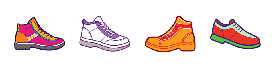Cartoon collection of colorful sneakers and casual shoes-Set of four cartoon-style sneakers and casual shoes in bright and playful designs, great for sports, fashion, and lifestyle illustrations.